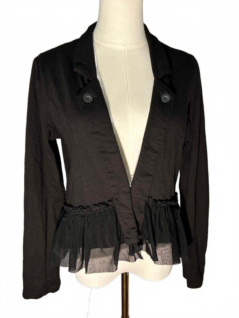 RXB Black Cotton Blazer M Sheer Mesh Ruffle Peplum Jacket Goth Romantic